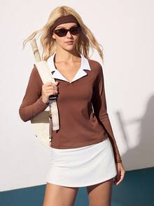 Gameset SHEIN Sport 女式撞色长袖运动 Polo 衫 - 棕色 - 查看 6