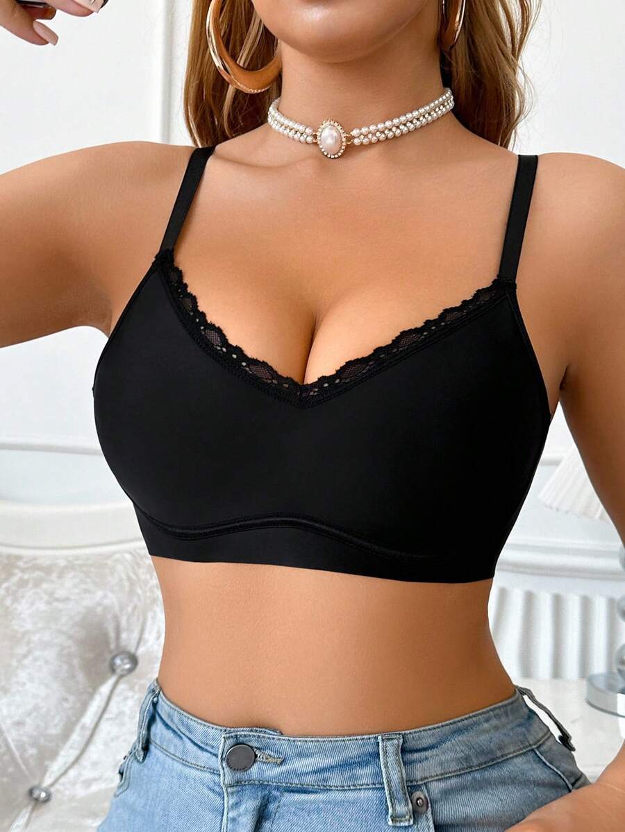 SHEIN 1 件女士简约舒适纯色细肩带文胸 - 黑色 - 查看 1