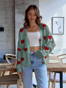 EURMUSE Knitwear Cardigan With Heart Placement Date Sage Green Autumn Cute Romantic - Mint Green - View 4