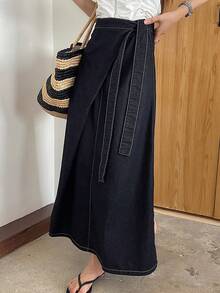 DAZY 女士系带腰身休闲长款牛仔裙 - 深色水洗藍 - 查看 3