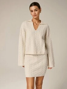 Hanevo 2件套女士休闲舒适懒人针织毛衣套装，秋冬 - 杏色 - 查看 3