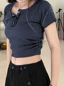 Camiseta corta y ajustada de color liso para mujer en verano - Azul Marino - Ver 2
