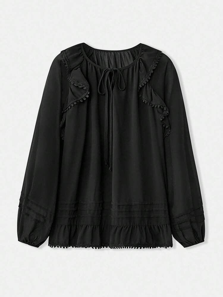 SHEIN Maija Women's Casual Solid Color Minimalist Tie Front Long Sleeve Black Blouse, Modern Vacation Casual Fashion Country Concert Top Beach Clothing, Bohemian Style Vacation Wear, Ins Celebrity Same Style Vacation Style, Exotic Atmosphere, Country Concert, Western Style Clothing, High-Grade Fabric, Comfortable And Breathable,Modern Vacation Nomadic Casual Fashion All-Match Women's Country Concert Clothing Western Style Women's Clothing Nomadic Style Bohemian High-End Elegance All-Match Country Concert