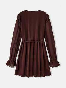 Maija Blusa elegante de manga larga con diseño de lazo y volantes en el bajo, de unicolor para mujer