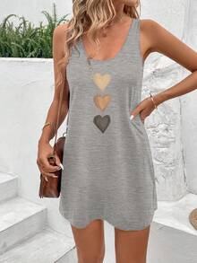 EMERY ROSE Women's Casual Heart Pattern Round Neck Camisole Dress, Suitable For Summer - Light Grey - View 4