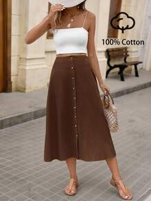 Brillora Women's Basic Cotton Button Front Skirt, Everyday Fashion - Coffee Brown - View 1