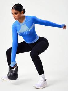 SHEIN Sports Camiseta deportiva de manga larga con cuello redondo y ajuste ceñido con estampado gráfico para mujer, top activo azul de manga larga para gimnasio y actividades - Azul - Ver 1