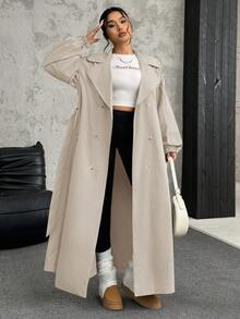 SHEIN EZwear Áo gió dài tay ve kaki cỡ lớn cho nữ, mùa thu - Màu Khaki - Xem 4