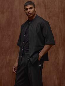 Musero Short Sleeve Smart Tailored Style Pin Stripe Shirt Button Detailing Branded Woven Tag Fall/SPRING SUMMER Tailoring - Black and White - View 4