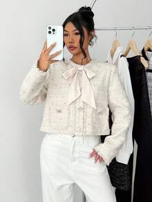 SHEIN Christmas White Teen Girl Casual Minimalist Comfortable Textured Woven Jacket Autumn Winter Clothes For Girl