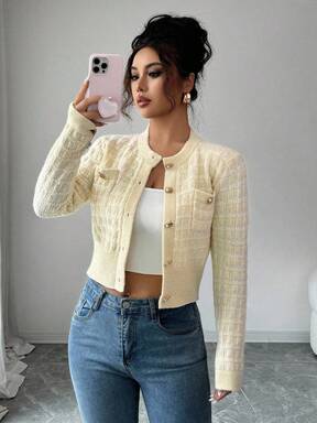 Chiquease Classic Color Front Button Pocket Elegant Long Sleeve Cardigan Fall Winter Cloth For Women