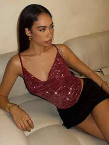 Glamine Sequin Material Red Sexy Crop Top For Women, Christmas Party