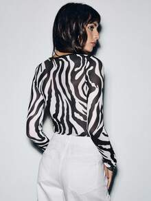 Lumivelle Sexy Zebra Print Bodysuit With Double-Layer Bust Pleats And Metal Buckle Decor - Black and White - View 7