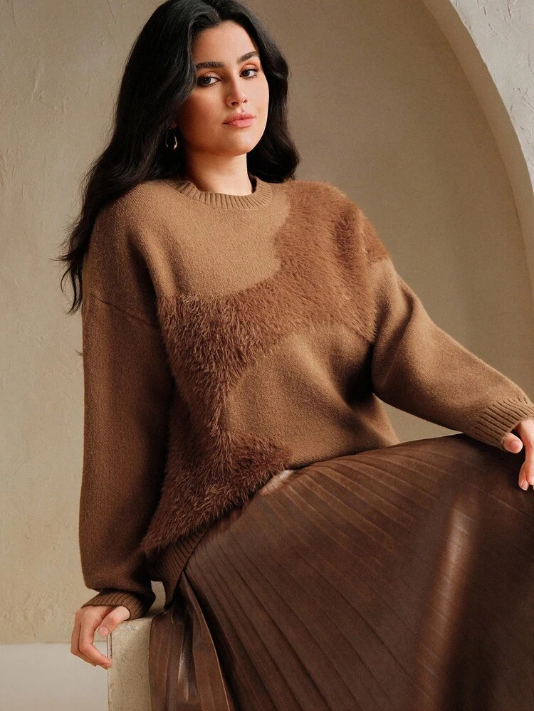 Fashionable Faux Mink Jacquard Loose Crew Neck Plus Size Slimming Drop Shoulder Plus Size Women's Brown Sweater, Women's Winter Sweater, Autumn Clothes For Women