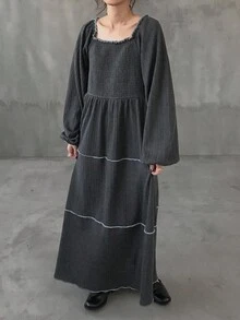 FRIFUL Damen Loose Fit einfarbiges Kleid mit quadratischem Ausschnitt und Langarm, Kontrastbesatz, ausgestellter Rock, lässig & vielseitig, Herbst