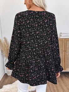 EMERY ROSE 女式圆领长袖碎花宽松休闲百搭荷叶边下摆衬衫 - 白色 - 查看 2