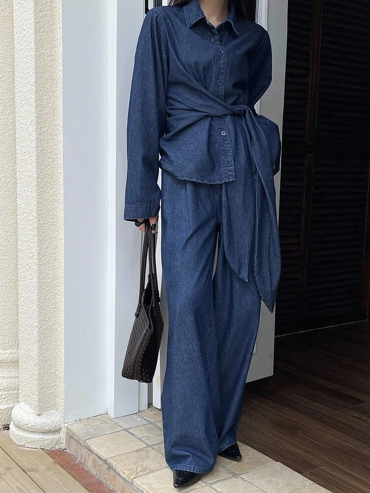Autumn/Winter New Loose Casual Retro Distressed Design Women Denim Set