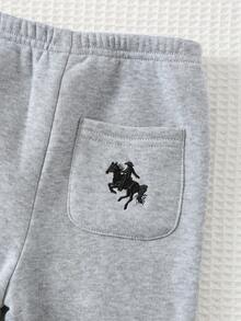 Cozy Pixies Bộ 2 món/Bộ quần áo nỉ và áo hoodie trơn màu đơn giản thoải mái cho bé trai, áo len dài tay màu xám và quần nỉ, kiểu dáng cơ bản đa năng, thích hợp mặc trong nhà, ngoài trời, hàng ngày, thể thao, vui chơi, tiệc tùng, chụp ảnh, ngày lễ, thiết kế hình ngựa thêu - Xám - Xem 6