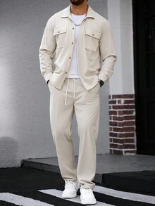 Manfinity CasualCool 2pcs Set Men Corduroy Long Sleeve Work Shirt & Pants, Fall Clothes