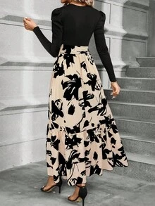 Calvaya 花卉印花泡泡袖系带连衣裙长款女装