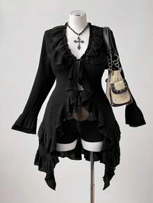 Sunspun Plus Size Women Solid Color Flare Sleeve Ruffle Patchwork Front Tie Fashionable Jacket Fall Winter Cloth For Women Autumn - Black - View 7