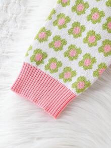Conjunto de suéter con cuello en V y estampado floral en todo el Body con botones delanteros y falda para niña preadolescente, conjunto de dos piezas estilo preppy para la vuelta al colegio, traje de otoño - Verde - Ver 6
