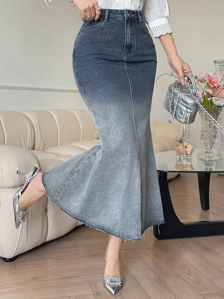 Vintage Ombre Blue Fish Tail Long Denim Skirt