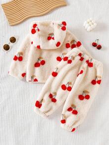 SHEIN Playful Pals 2 件女婴可爱樱桃印花连帽长袖夹克和蓬松长裤套装，时尚服装 - 杏色 - 查看 2