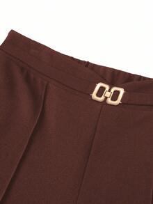 SHEIN Clasi Plus Size Women's Solid Color Waist Metal Decor Toothpick Design Wide Leg Elegant Pants