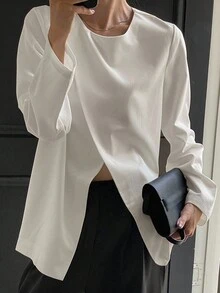 DAZY Women's Solid Color Round Neck Long Sleeve Simple Casual Shirt Fall - White - View 4