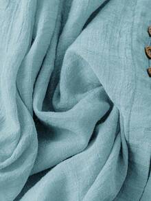 Linhara 大码女式休闲度假风格纯色 V 领灯笼袖纽扣装饰宽松衬衫，春夏 - 霧霾藍 - 查看 3