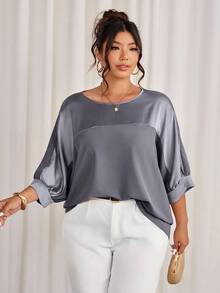 Cravure Maglione casual da donna oversize con scollo tondo, maniche a 3/4, tessuto metallizzato, inserti in tessuto a contrasto, polsini in tessuto jacquard, maniche raglan, adatto per uscite, vacanze, pendolarismo e feste