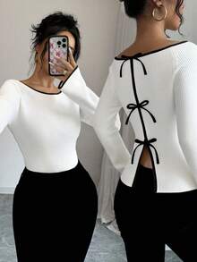 Elenzga Women's Elegant Commuter Contrast Trim Tie Back Slit T-Shirt - White - View 1