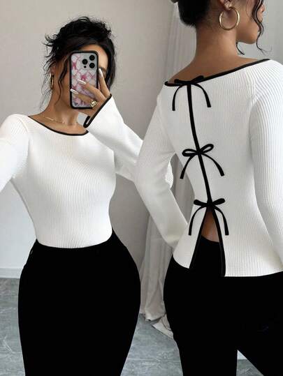 Elenzga Camiseta feminina elegante para trabalho com acabamento contrastante e fenda nas costas