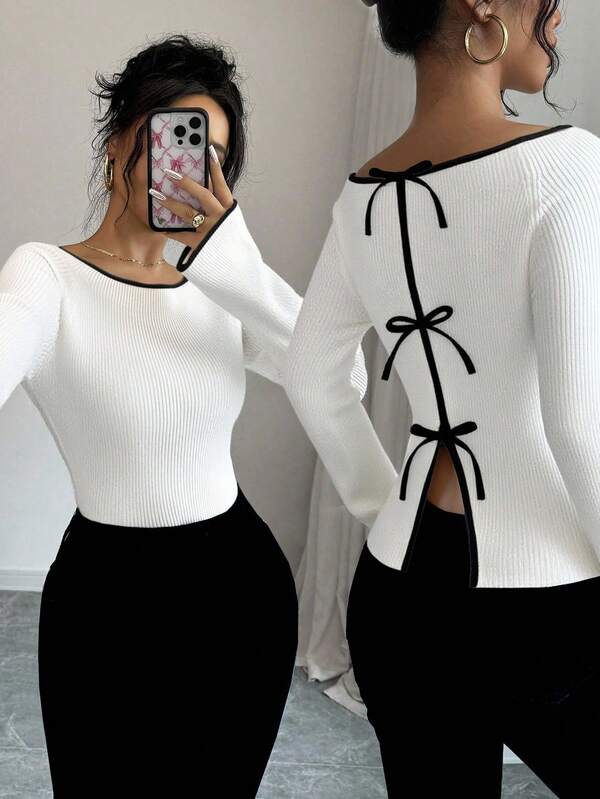 Elenzga Camiseta de mujer elegante con contraste de ribete y abertura con lazo en la espalda para uso diario