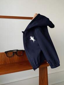 SHEIN 男女通用婴儿休闲连帽羊毛外套，卡其色，适合男婴和女婴，秋冬季 - 藏蓝色 - 查看 6