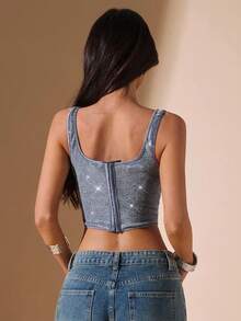 SHEIN BAE Blusa regata de alcinha com lantejoulas brilhantes em cor sólida para outono/inverno, regata feminina, regata prateada brilhante. - Prata - Ver 2