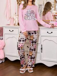 SweetSlumber 可爱猫咪印花撞色睡衣套装，女士可爱睡衣套装，两件套，舒适睡衣套装，猫咪睡衣套装，秋冬服装睡衣，女士猫咪睡衣套装，女士卡通睡衣套装 - 彩色 - 查看 4