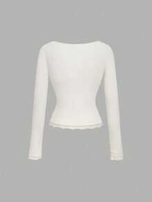 SHEIN MOD Maglietta da donna a maniche lunghe, aderente, con inserti in velluto termico e pizzo - Albicocca - Visualizzare 5