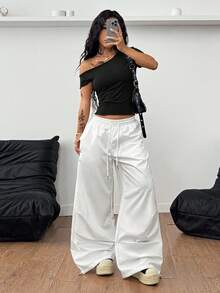 Coolane 女士夏季时尚纯色不对称领口T恤 - 黑色 - 查看 4