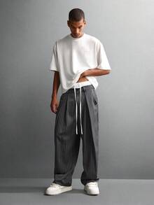 SUMWON Loose Fit Double Waistband Pinstripe Trouser With Pleats Wide Leg Formal Business Casual Office Pants - Grey - View 3