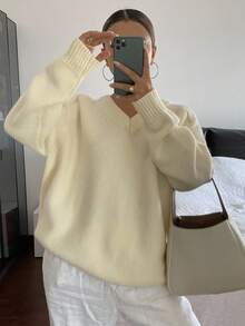DAZY Women's Loose Casual Solid Color Basic Sweater, Autumn/Winter - Beige - View 3