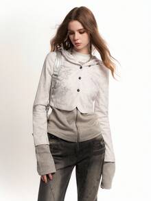 Bloopia Korean Style Casual Lazy Personalized Rejuvenating Women's Autumn/Winter Halloween New Thorn Rhinestone Print Knit Patchwork Zipper 2 In 1 Slim Fit Long Sleeve Hooded Cardigan - White - View 3