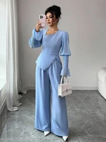 Selianne 2pcs Set: Elegant Romantic Asymmetric Collar Cinched Waist Split Hem Straight Leg Pants, Women Fall Cloth For Women - Dusty Blue - View 1
