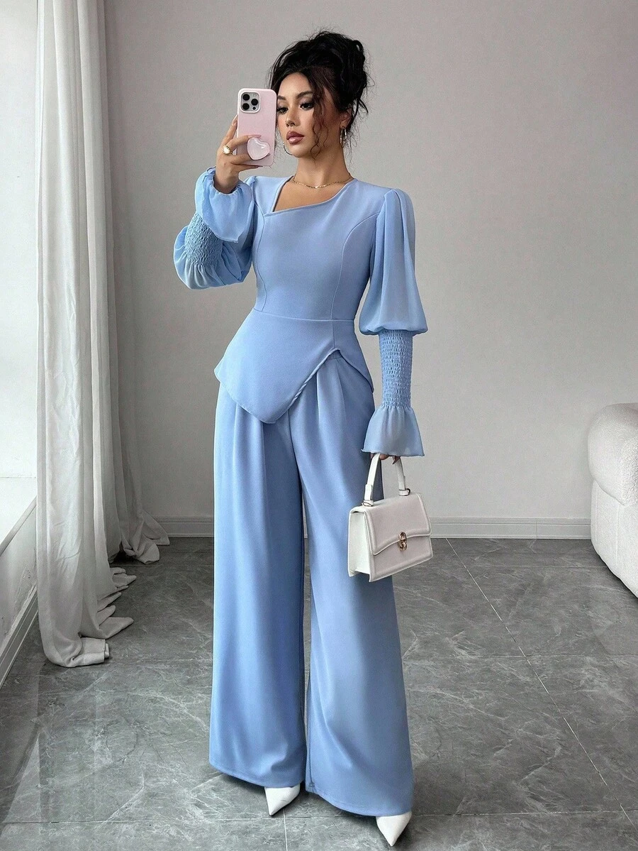 Selianne 2pcs Set: Elegant Romantic Asymmetric Collar Cinched Waist Split Hem Straight Leg Pants, Women Fall Cloth For Women - Dusty Blue - View 1