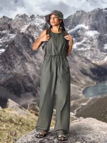 SHEIN EZwear 女式休闲户外简约纯色拉链前抽绳腰部无袖牛仔连体裤 - 綠色 - 查看 5