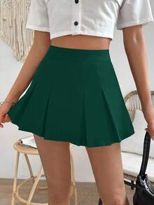 Chiquease 休闲纯色百褶迷你裙，夏季 - 墨綠色 - 查看 5