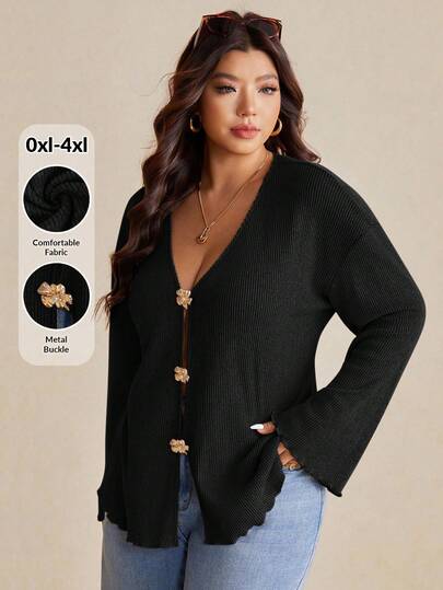 Elaquor Plus Size Faux Pearl Button Deep V-Neck Flare-Sleeved Knitted Coat Curve Cardigan In Spring