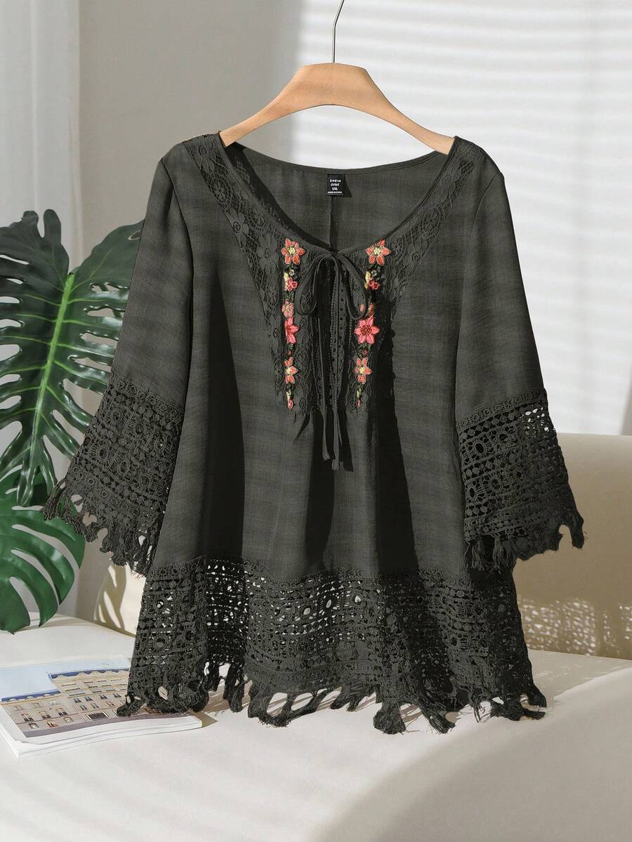 CosyJoli Camisa casual de vacaciones con parches de encaje y flecos en el bajo, talla grande