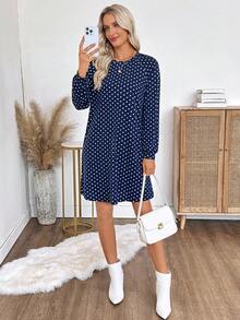 EMERY ROSE 女式圆领波点印花休闲宽松插肩袖连衣裙 - 藏蓝色 - 查看 5